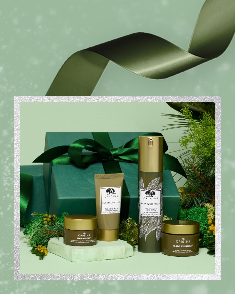 Ensemble ​​​​​​​Plantscription Origins pour les Fêtes sur un fond vert festif